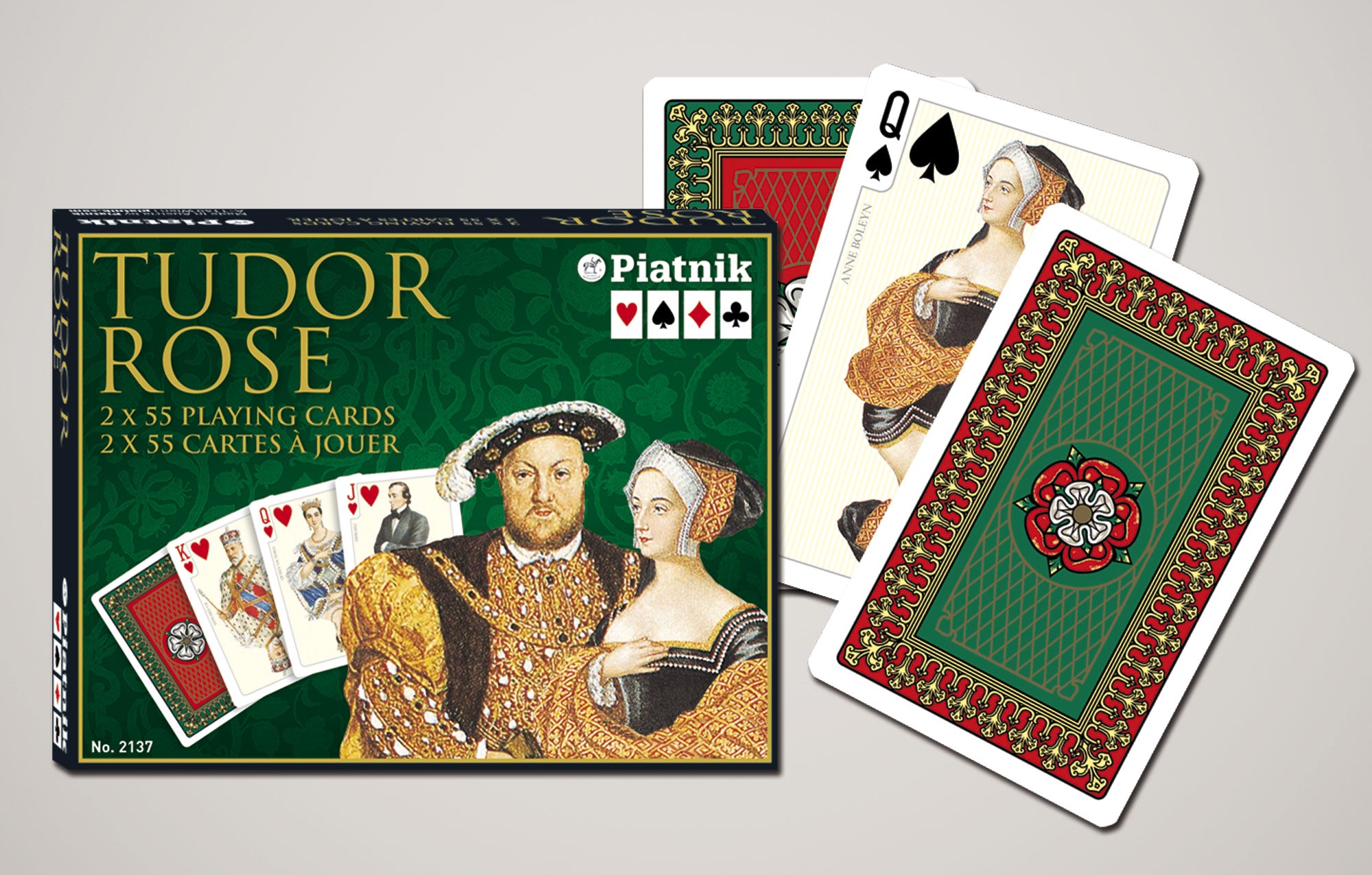 Piatnik Tudor Rose double‑deck box with Henry VIII artwork and sample card showing Anne Boleyn portrait and Tudor‑rose back.