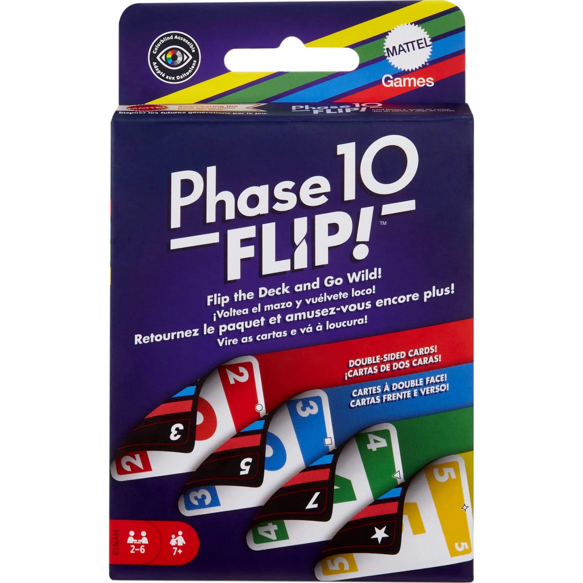 Phase 10 Flip! game packaging with colorful deck of cards on a white background