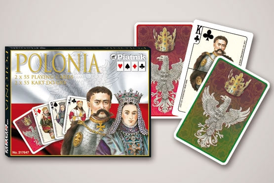 Piatnik Polonia double‑deck box with Polish flag, royal couple, and sample cards showing crowned eagle backs.