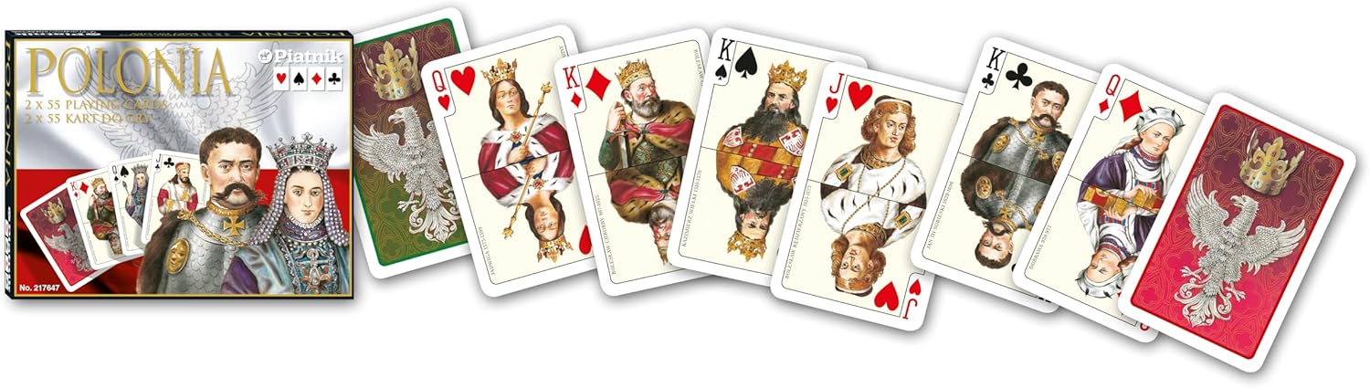 Fan of Piatnik Polonia cards featuring various Polish kings and queens with red and green crowned eagle backs.