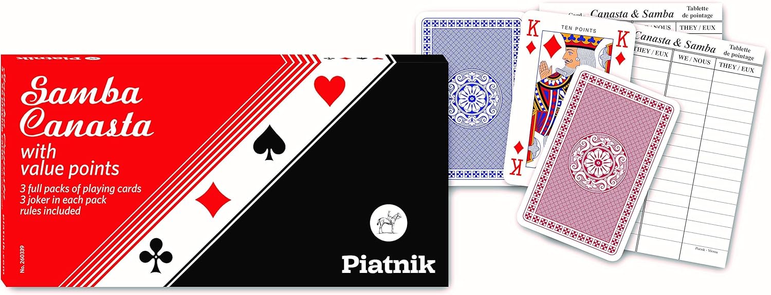 Piatnik Samba Canasta box in red, white, and black with suit symbols and ‘with value points’ text.