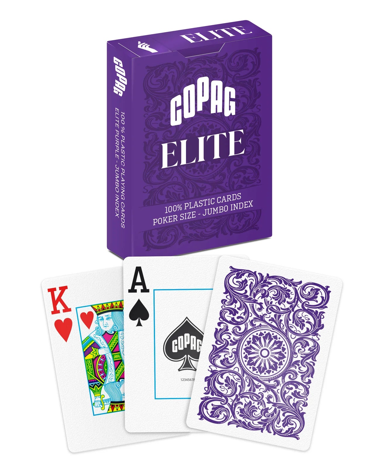 Copag Elite playing cards with a purple box and sample cards displayed.
