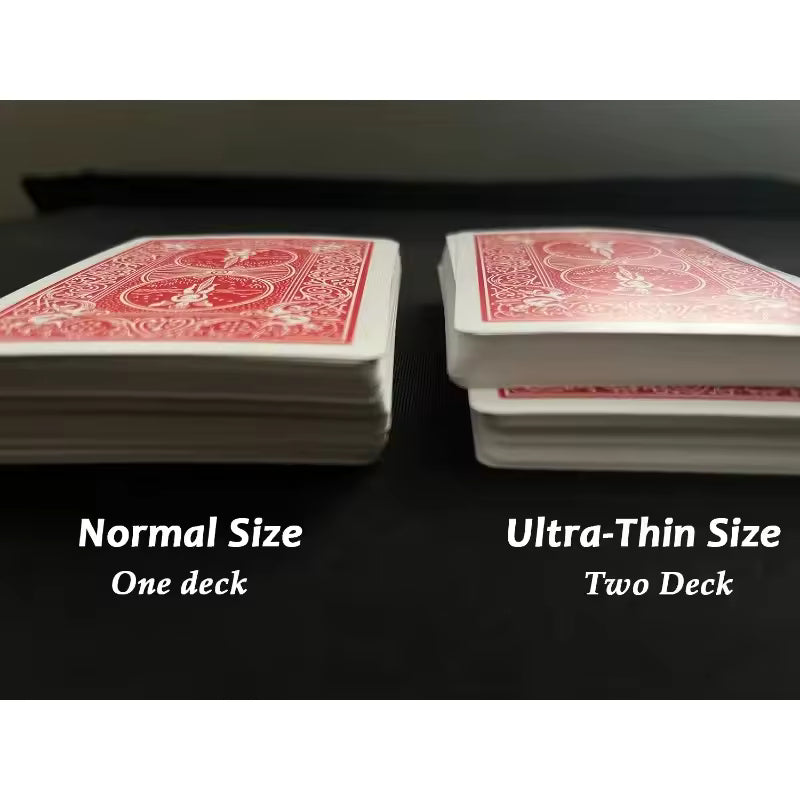 Two stacks of playing cards labeled 'Normal Size' and 'Ultra-Thin Size' on a dark background.