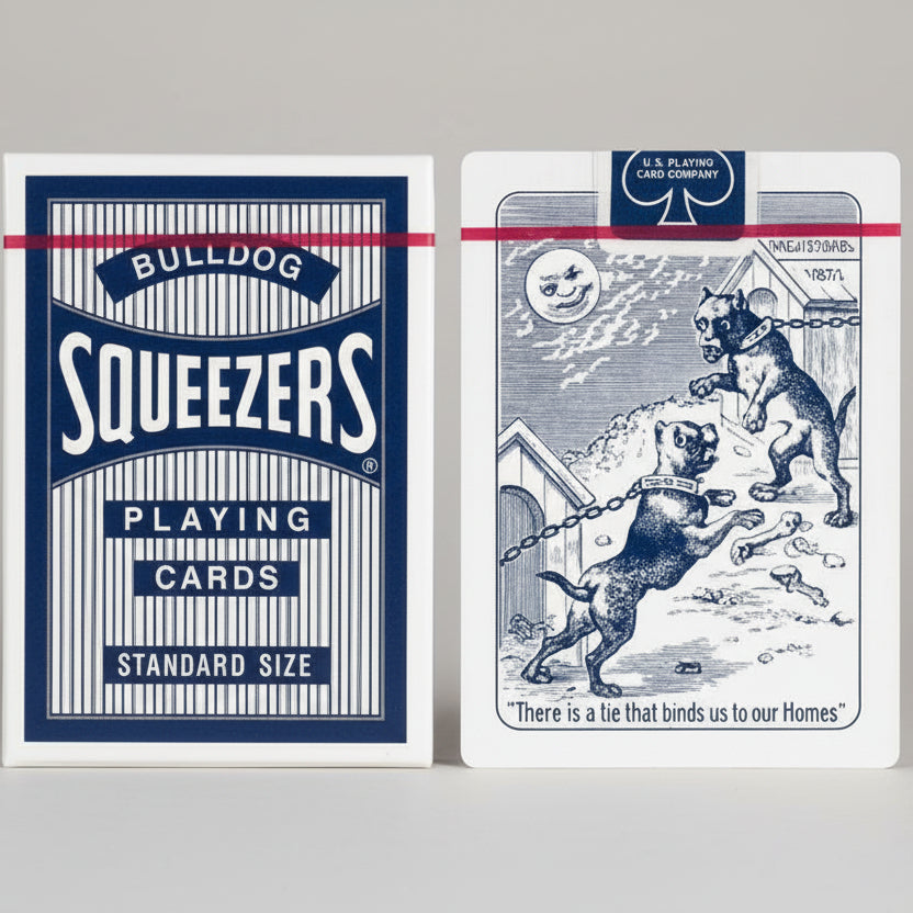 Bulldog Squeezers playing cards packaging with a vintage-style illustration of dogs chained together.