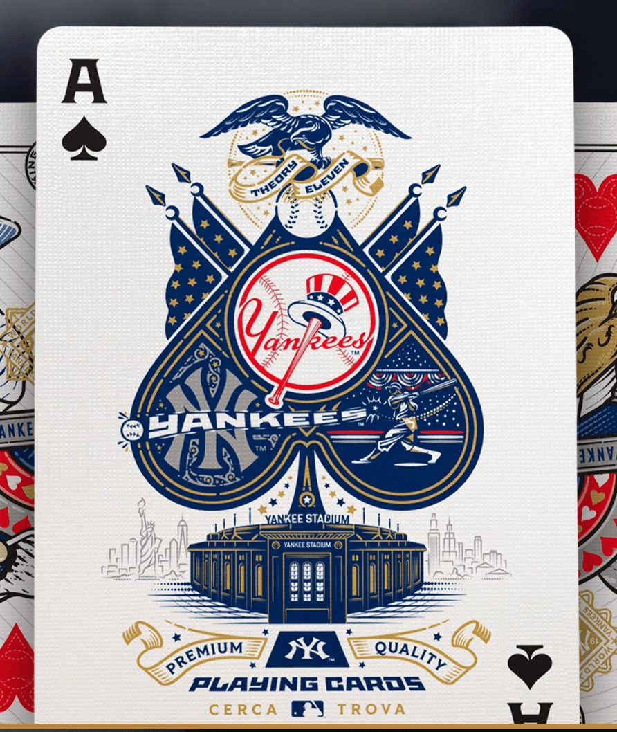 Ace of spades card with large Yankees logo inside a decorated spade and Yankee Stadium artwork below.