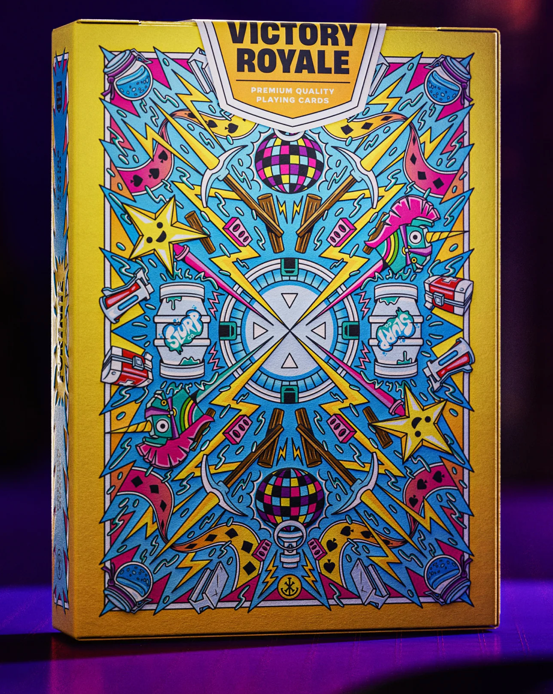 Theory11 Fortnite Playing Cards Victory Royale back design on yellow tuck box