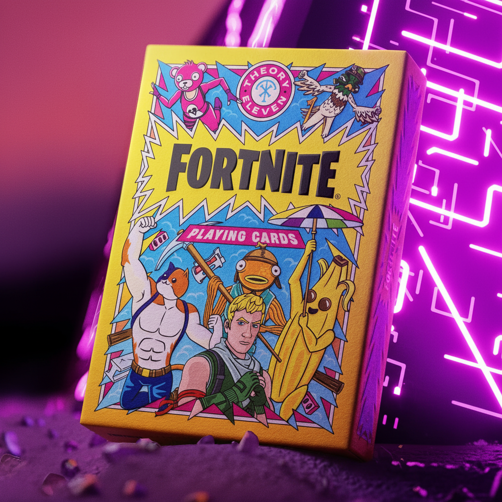 Theory11 Fortnite Playing Cards tuck box with bold yellow Fortnite design on a purple background