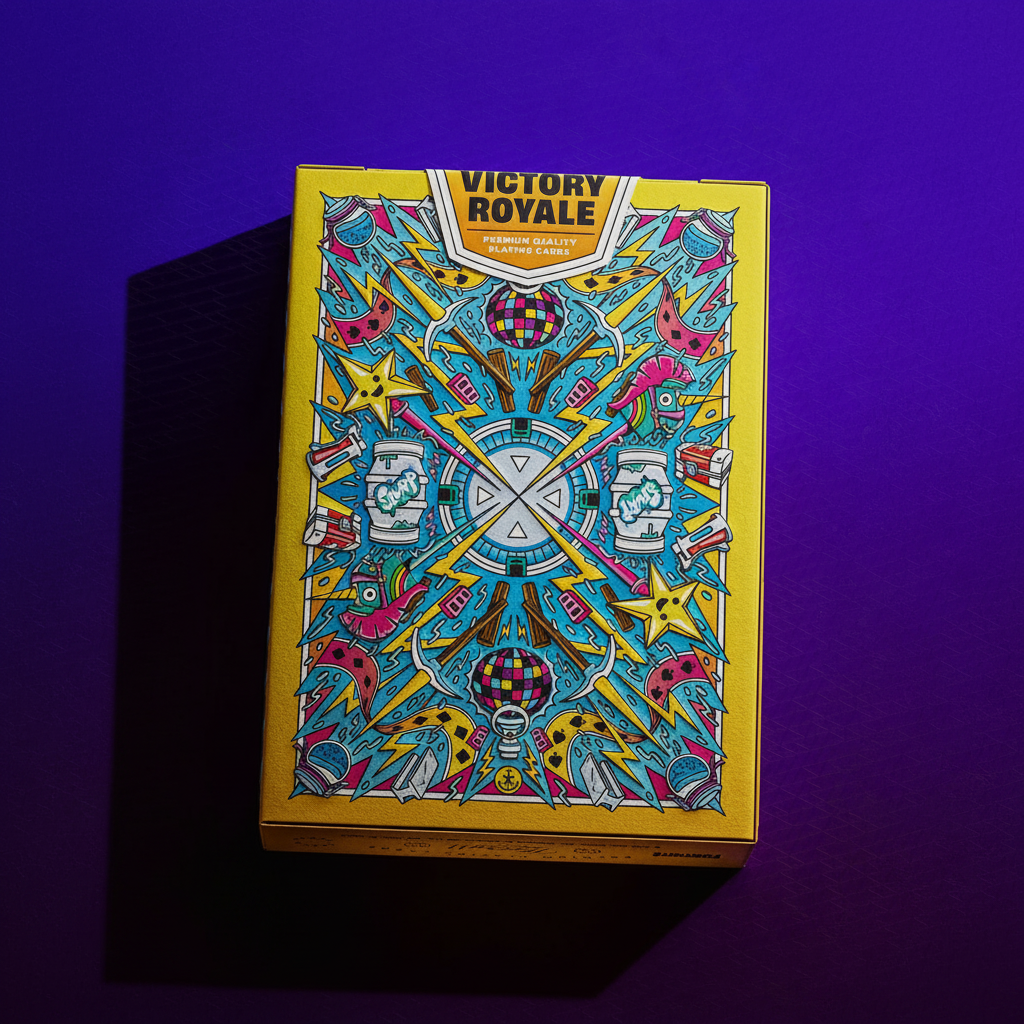 Fortnite Playing Cards back of tuck box with detailed Victory Royale card-back design