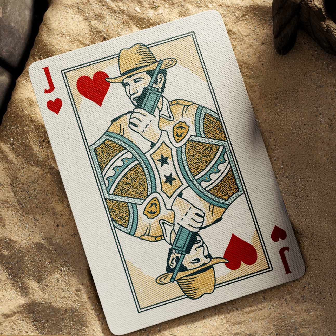 Theory11 JAWS custom jack of hearts court card on beach sand