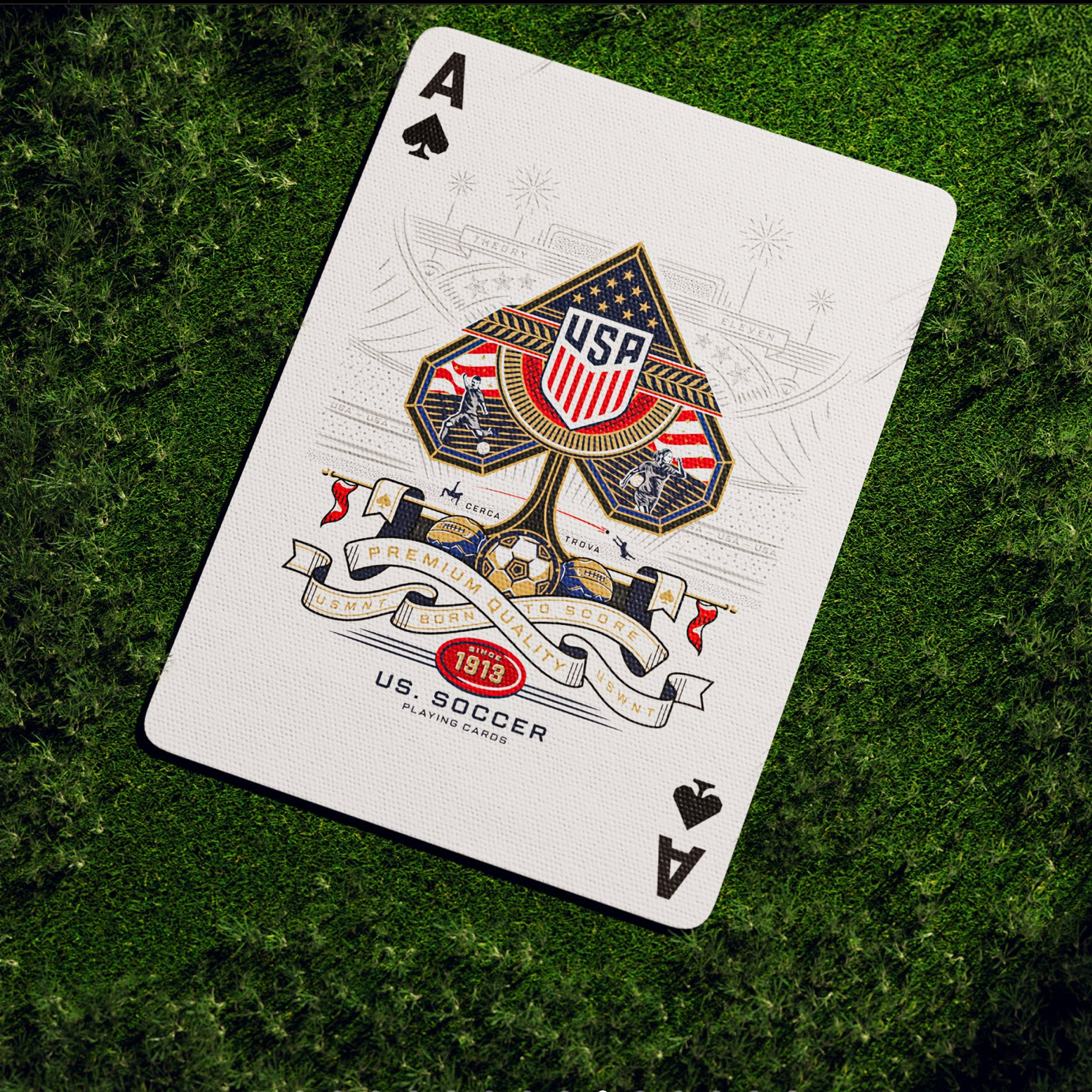 Playing card with U.S. Soccer design on a grass background