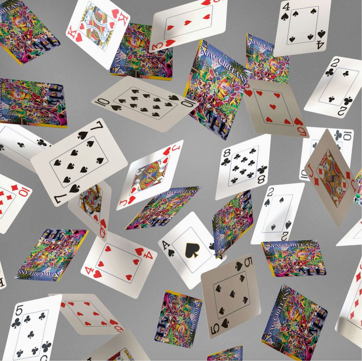 New Orleans Mardi Gras card backs and jumbo-index faces in motion