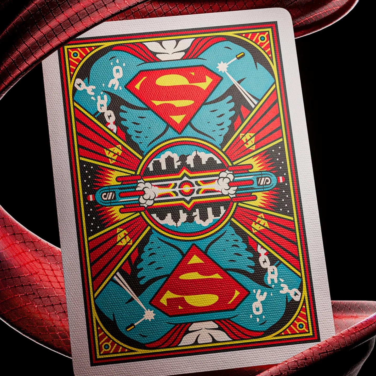 Superman-themed playing card with colorful design on a red background