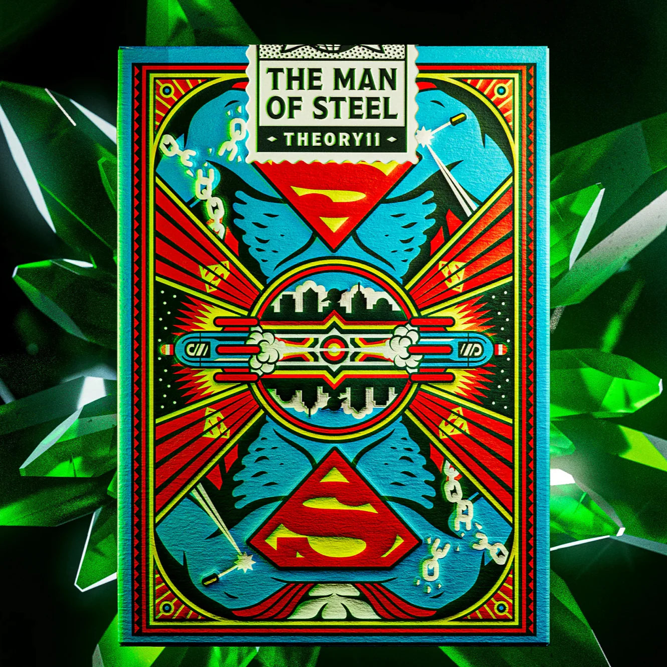 Colorful graphic design with Superman symbols and text on a green leafy background