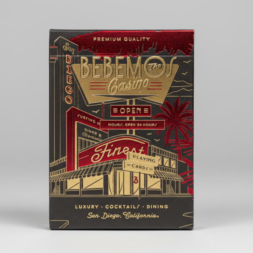 Bebemos Casino playing cards with decorative text and graphics on a gold background