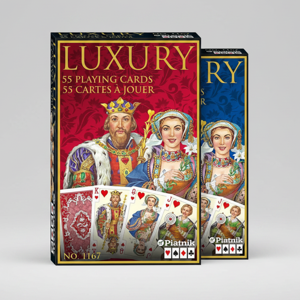 Piatnik Luxury playing card set with colorful packaging featuring a king and queen design.