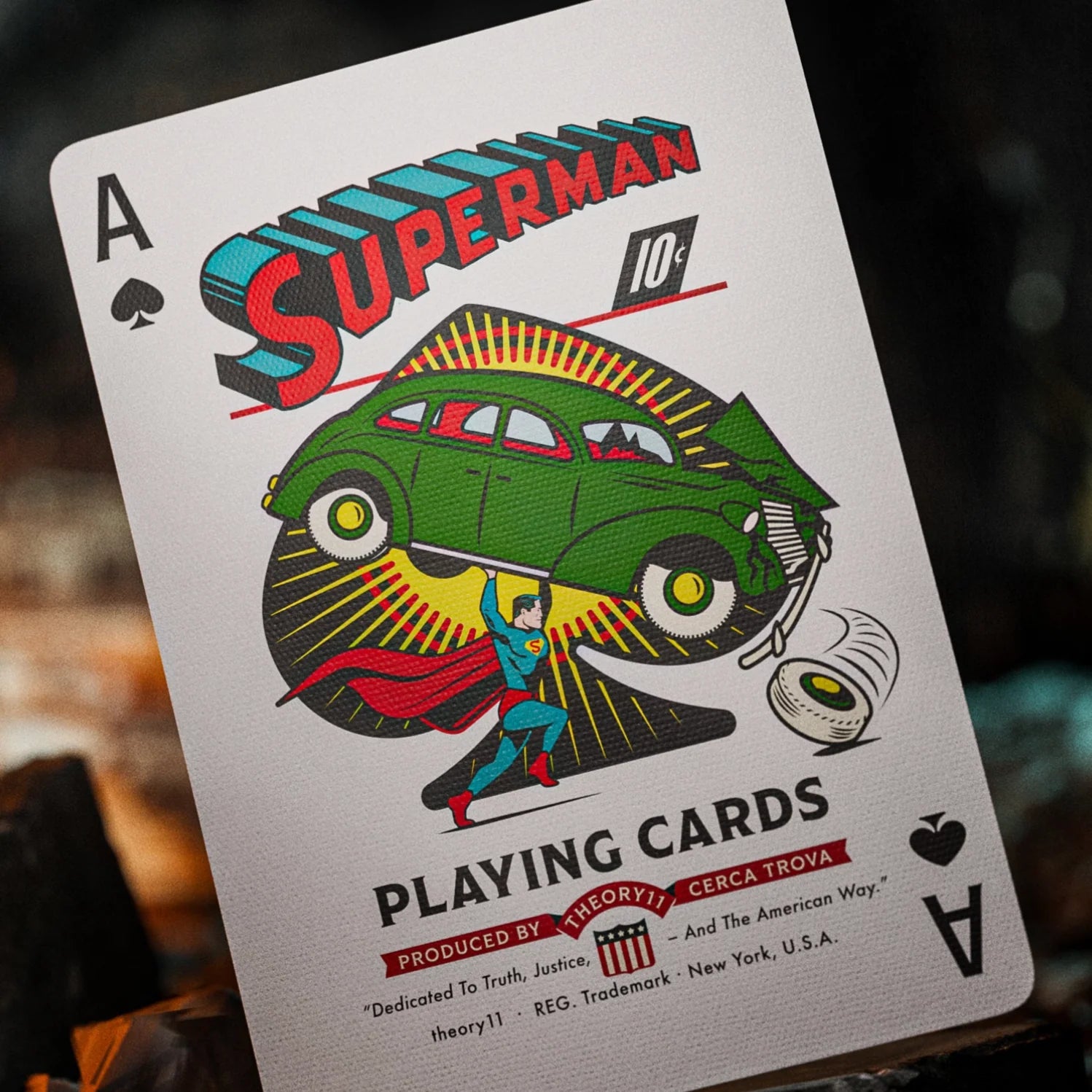 Superman playing card with vintage design and car illustration