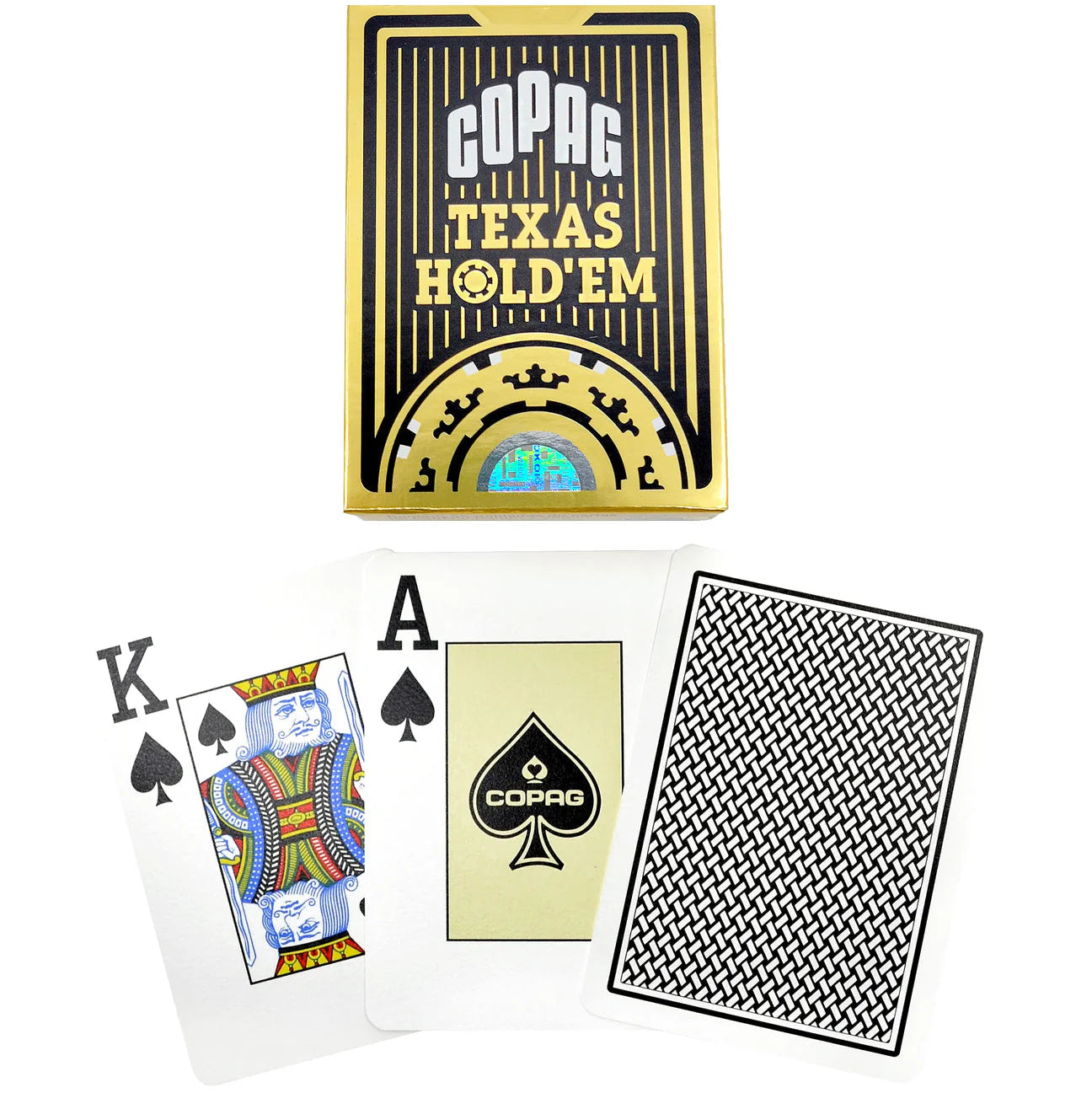 Copag Texas Hold'em playing cards with a deck, card face, and back view on a white background.