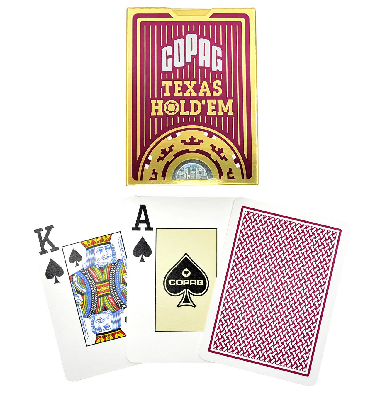 Copag Texas Hold'em playing cards with a deck, King of Spades, Ace of Spades, and a red card.