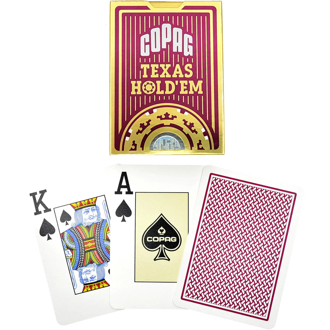 Copag Texas Hold'em playing cards with a deck, King of Spades, Ace of Spades, and a red card.