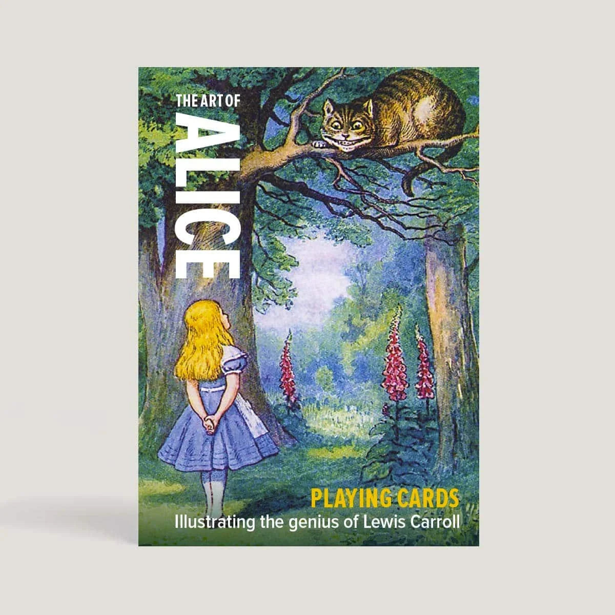 Playing card box with Alice in Wonderland illustration and Cheshire Cat on a branch.