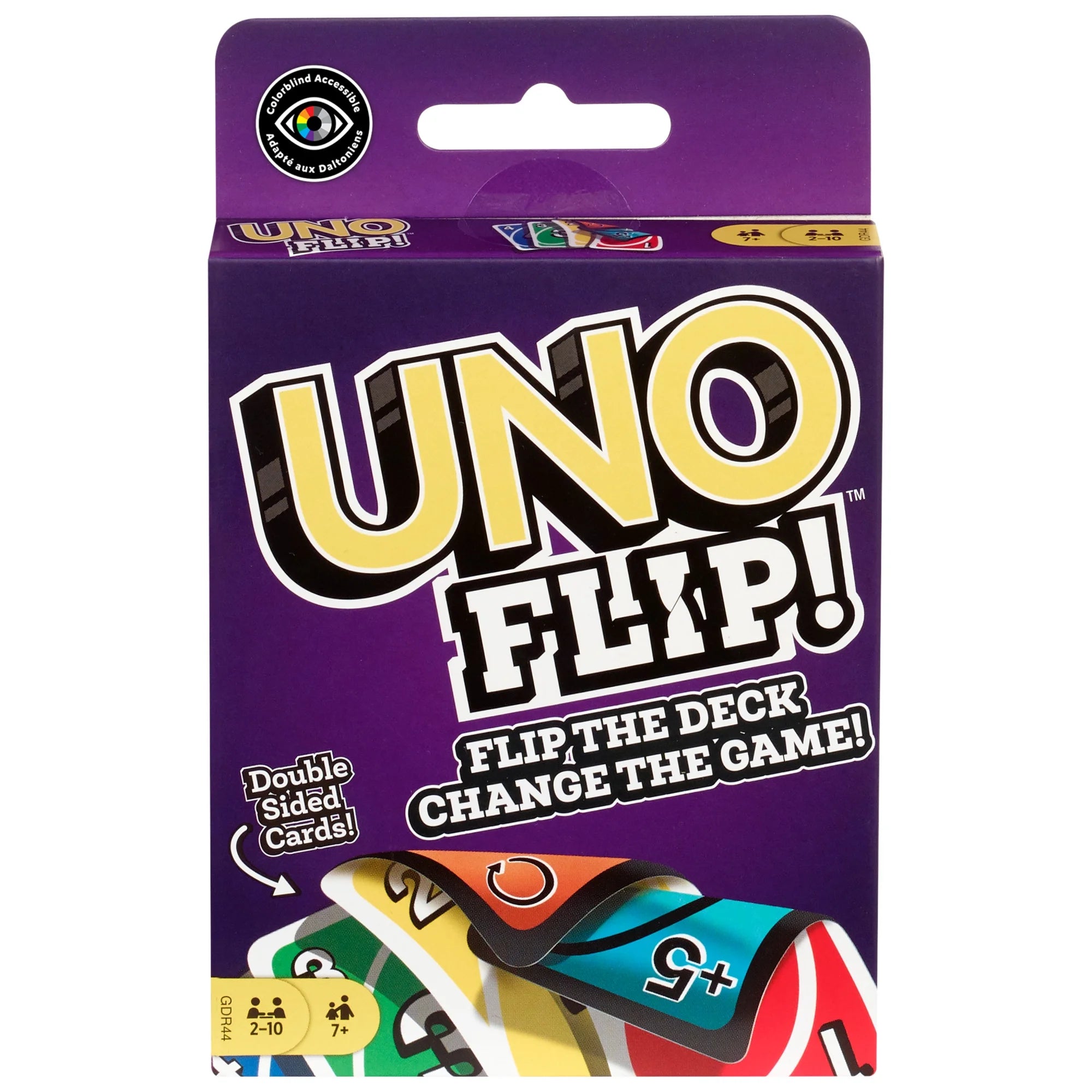 UNO Flip! card game packaging with purple background and colorful design