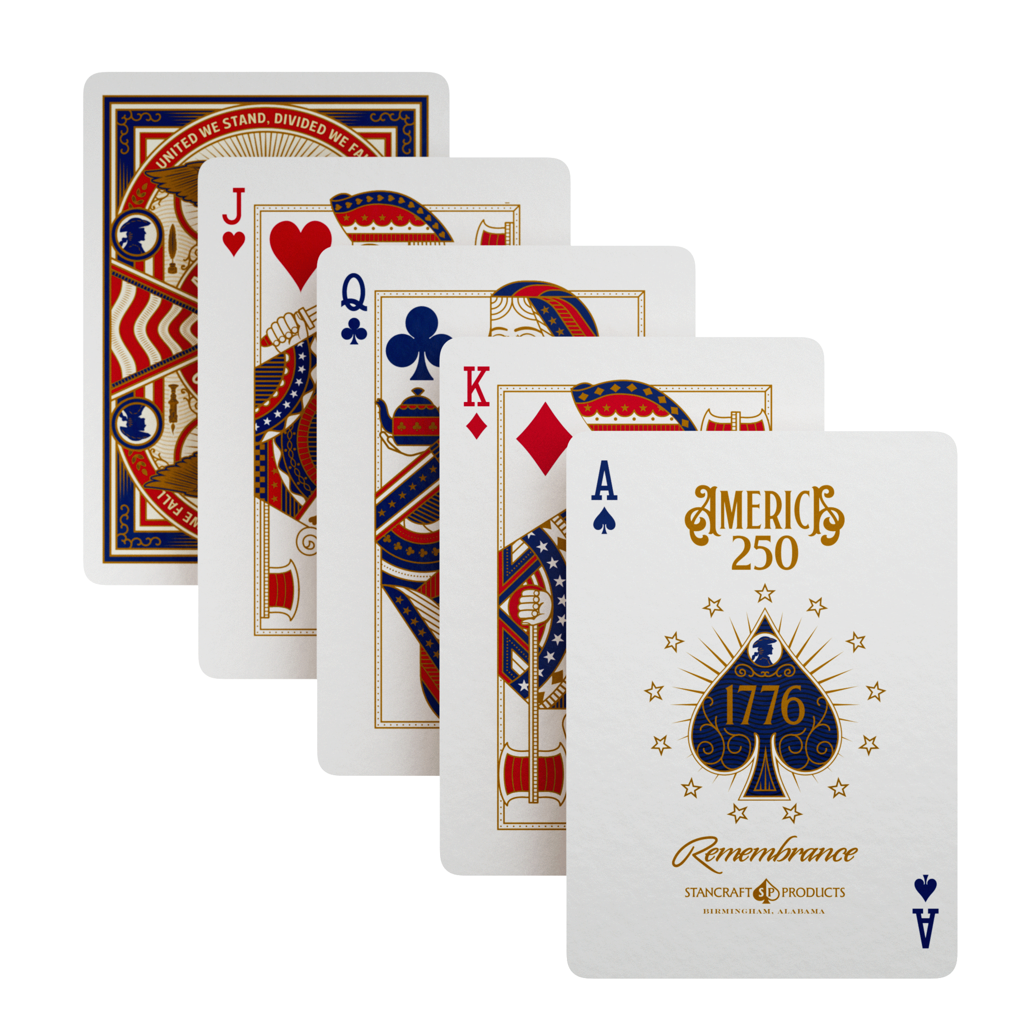 Remembrance America 250 playing cards showing the patriotic card back, custom court cards, and commemorative 1776 Ace of Spades