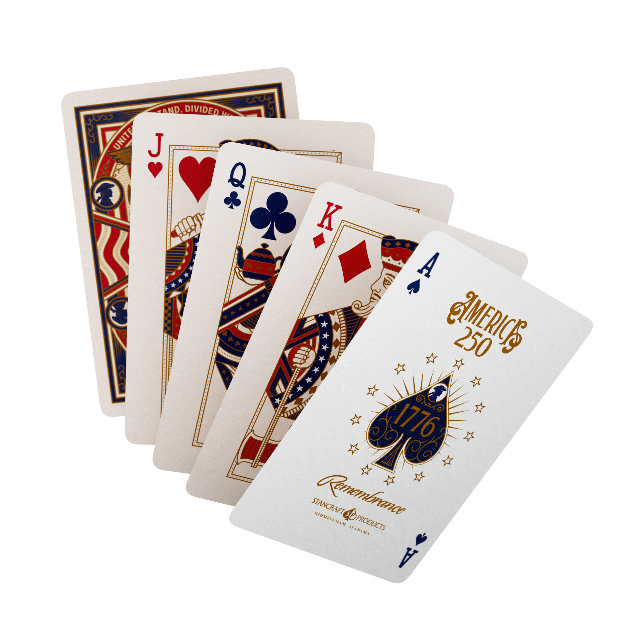 Angled fan of Remembrance America 250 playing cards with the patriotic card back, custom courts, and America 250 Ace of Spades