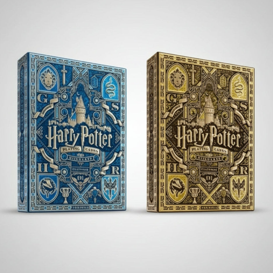 Two Harry Potter-themed playing card boxes, one blue and one gold, on a white background.