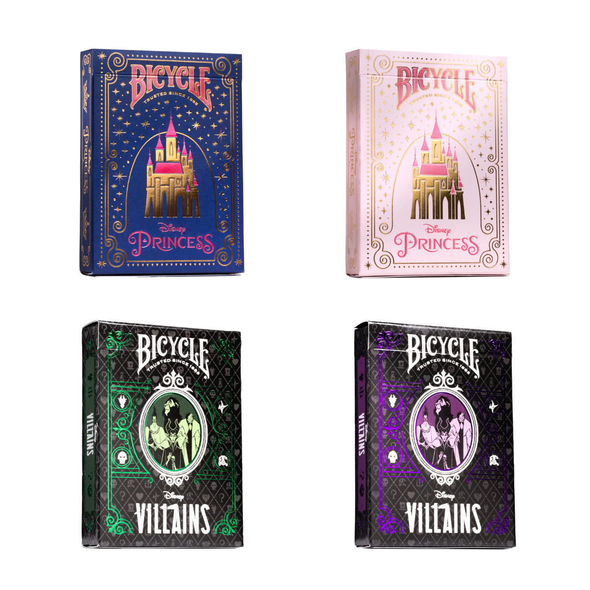 Four Bicycle Disney Princess and Villains playing card boxes on a white background