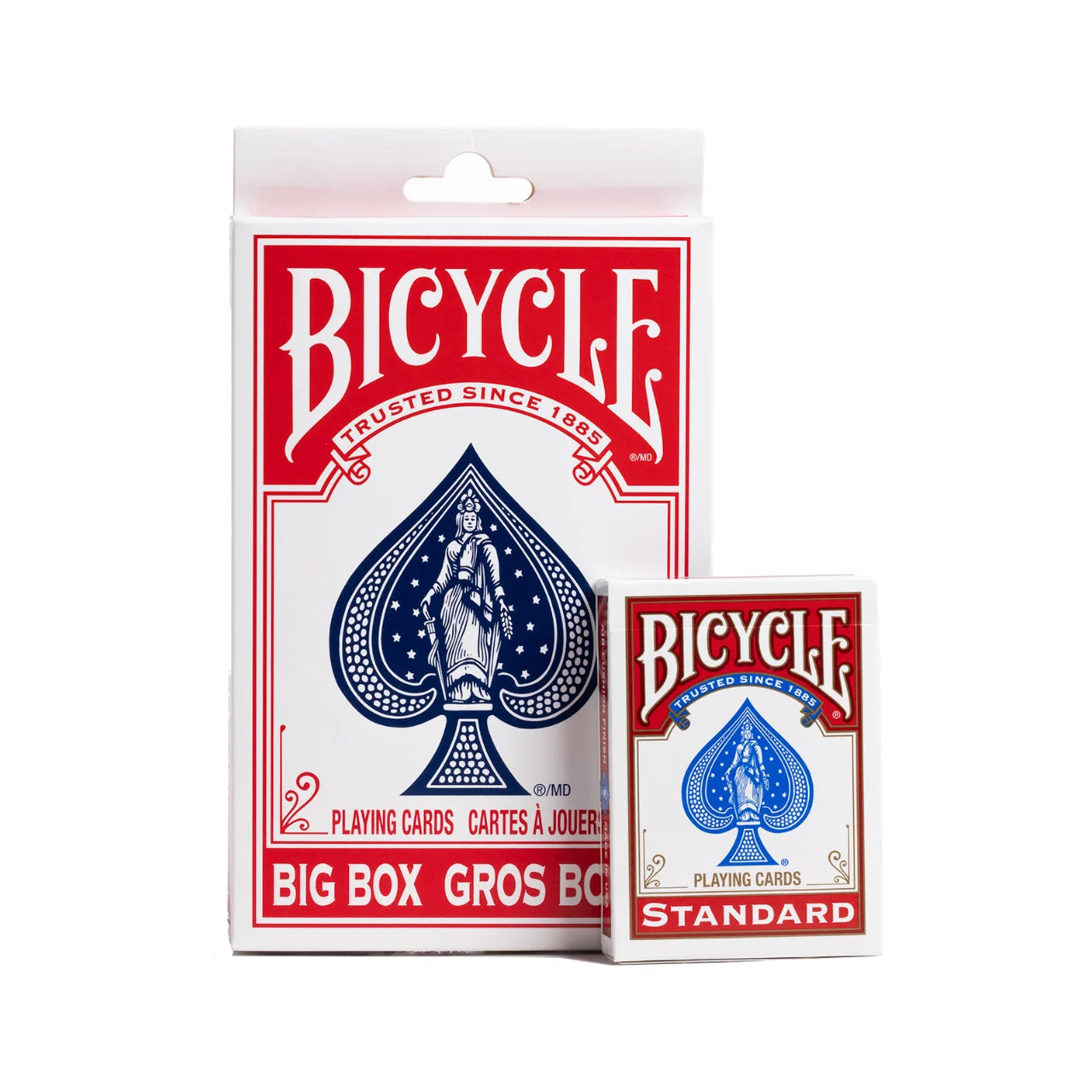 Bicycle Big Box Red playing cards package shown next to standard Bicycle deck