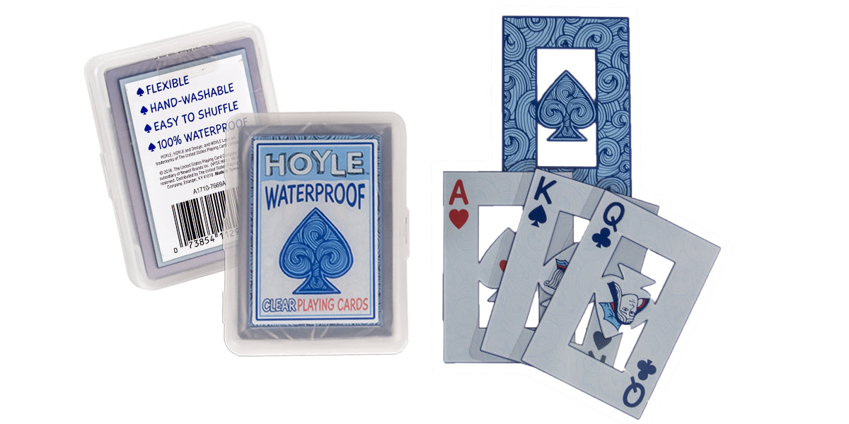 Pack of Hoyle Waterproof playing cards with card faces displayed.