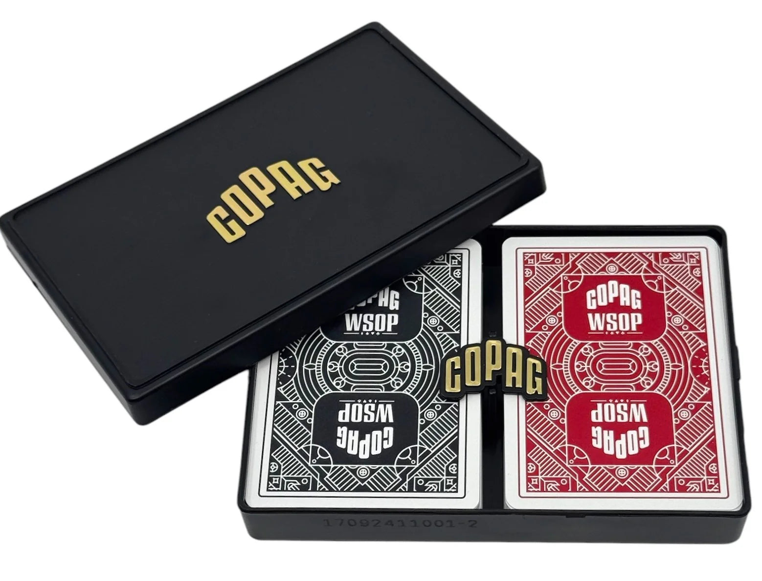 Two decks of Copag WSOP Poker Size Jumbo Index (Black/Red) playing cards with different designs on a white background