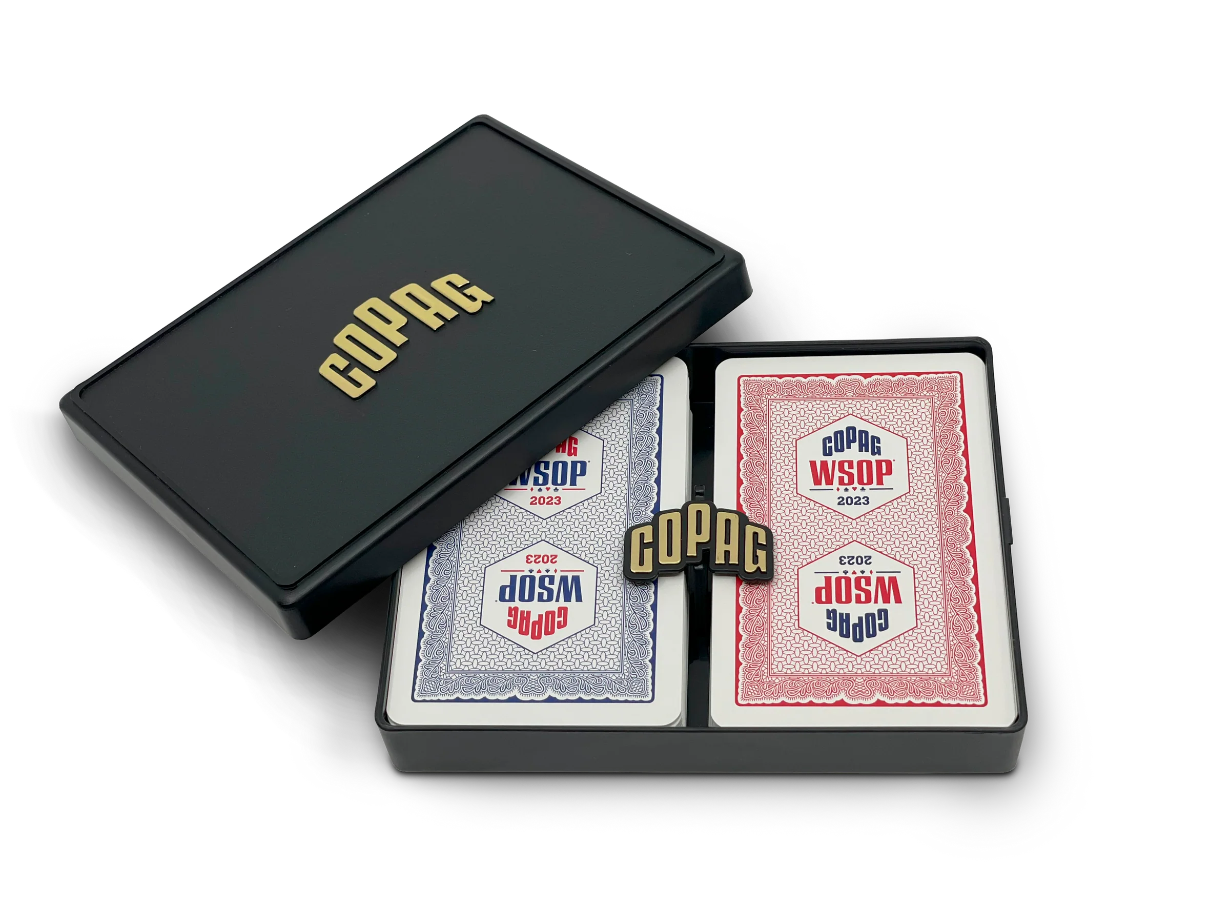 Copag WSOP 2023 red and blue bridge-size regular index plastic double deck set inside open case