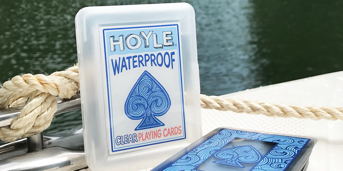 Hoyle Waterproof playing cards with a blue spade logo on a white background.
