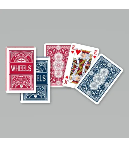 Two decks of Piatnik Wheels playing cards on a gray background
