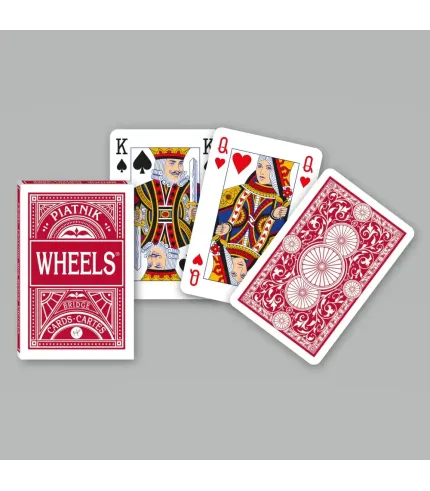 Piatink Wheels playing cards with red and white design on a gray background