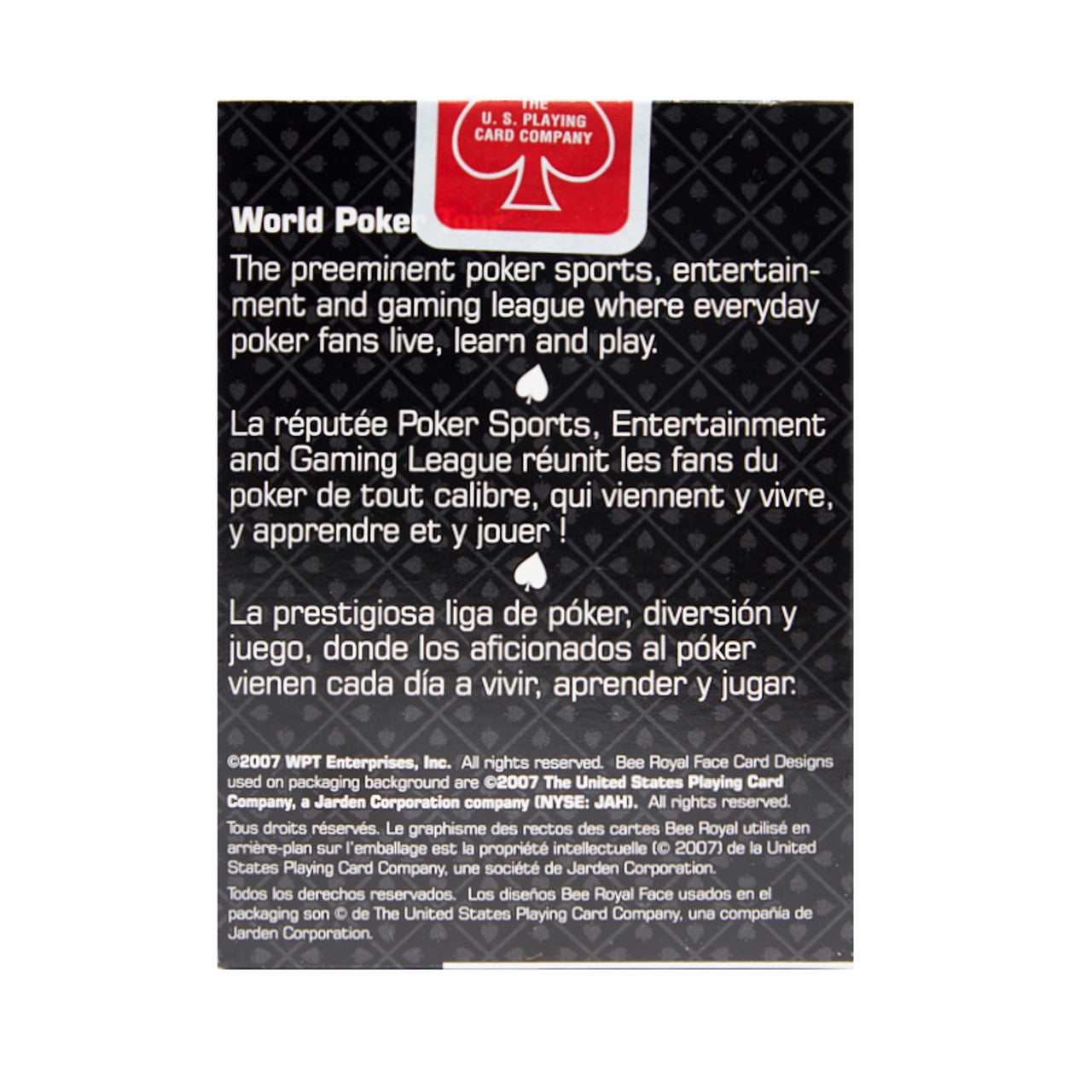 Back of a deck of cards with text and logo on a white background