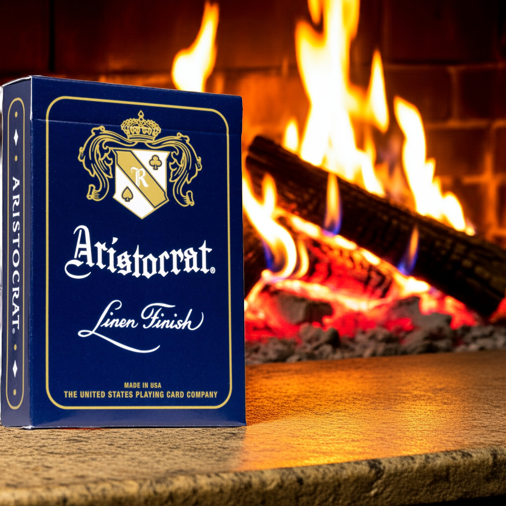 Aristocrat blue playing card tuck box with gold branding and linen finish text on a fireplace