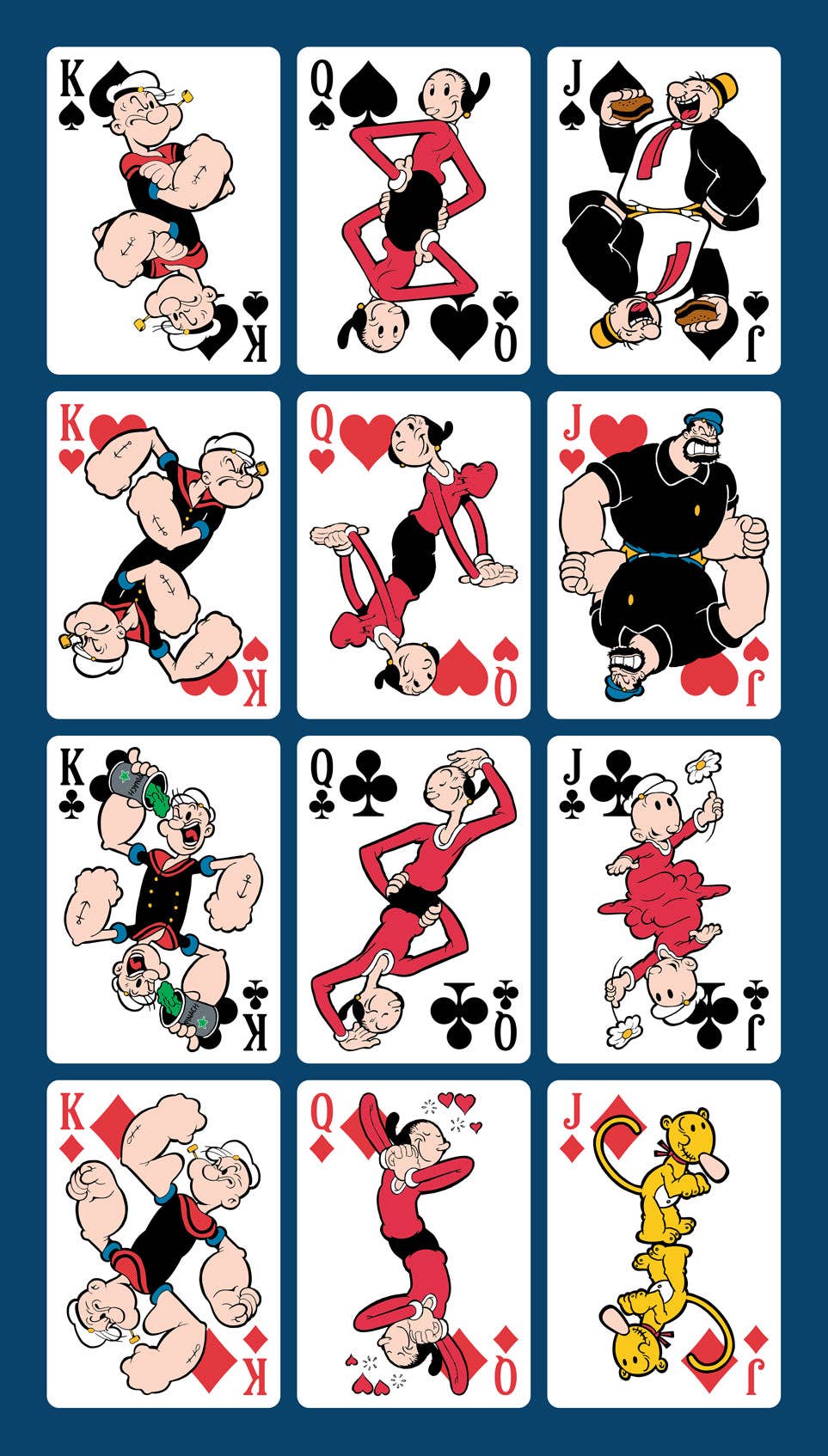Playing card suits with Popeye cartoon characters on a blue background
