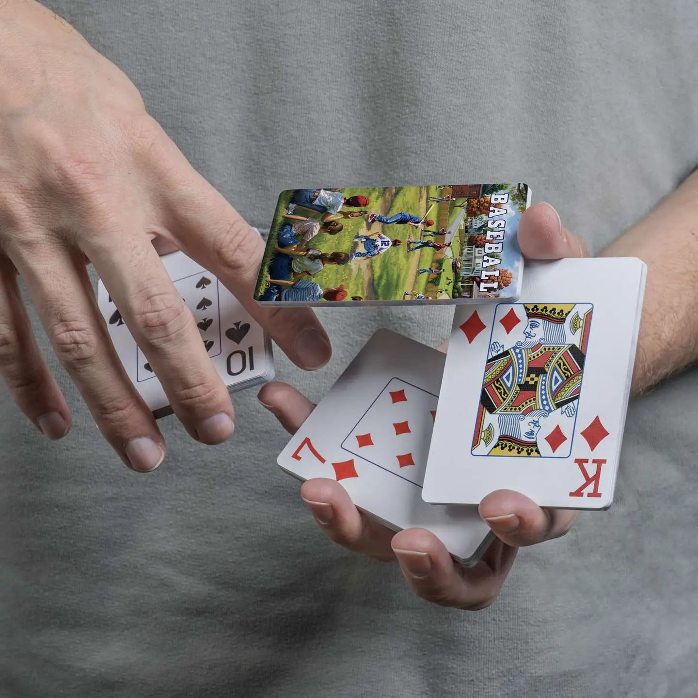 Baseball playing cards displayed in a cascading spring