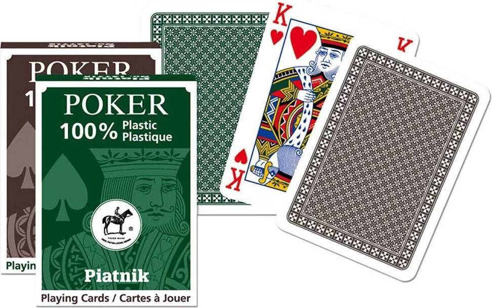 Poker 100% plastic playing cards with different designs and a King of Hearts card displayed.