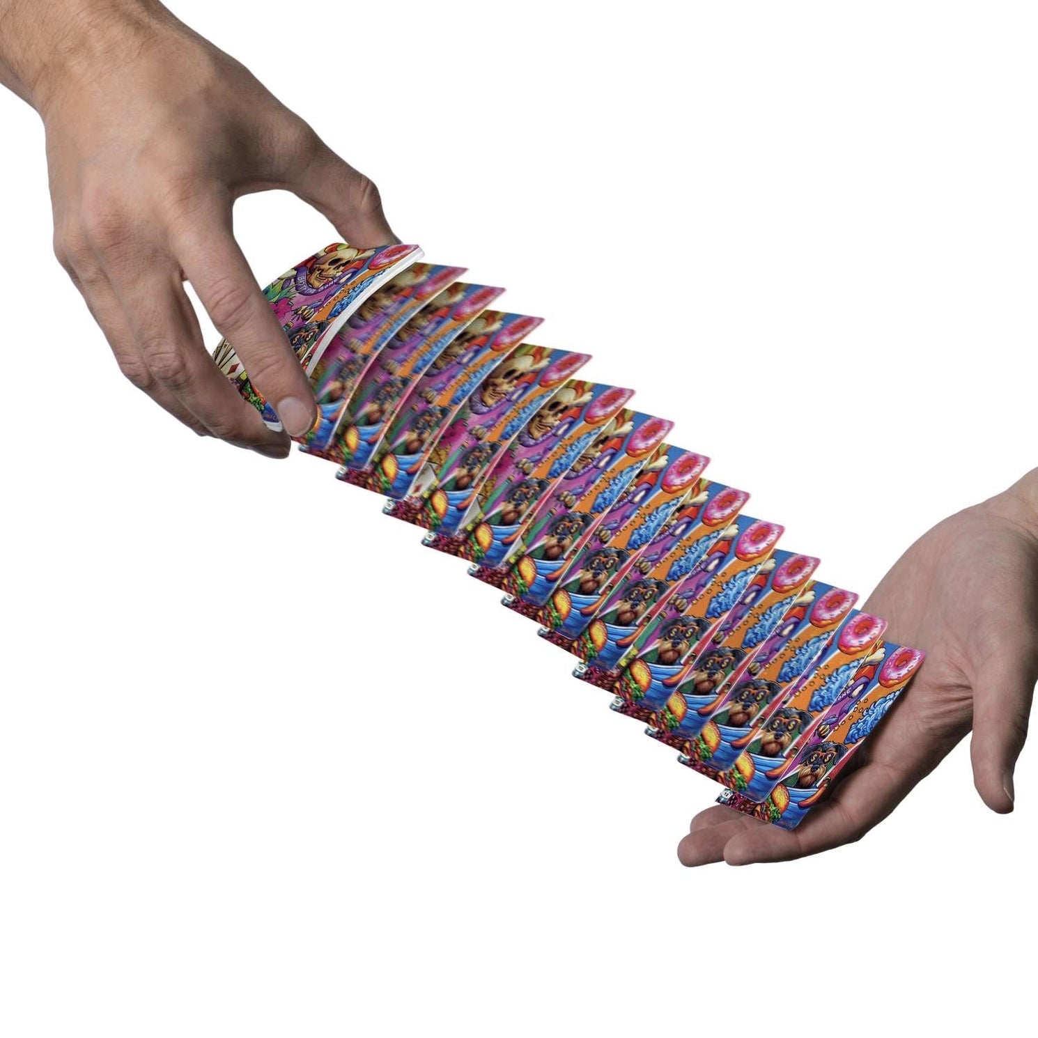 Bad to the Bone Boardwalk playing cards cascading between two hands with colorful illustrated backs visible