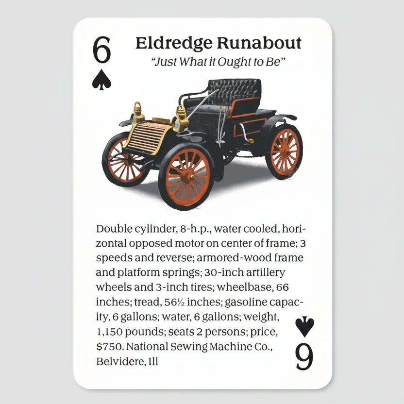 Turn of the Century Motor Cars Playing Cards by U.S. Games featuring early 1904 automobiles featuring Eldredge Runabout.