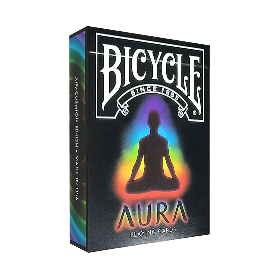 Angled front view of the black Bicycle Aura tuck box with a rainbow-colored aura around a meditating figure.