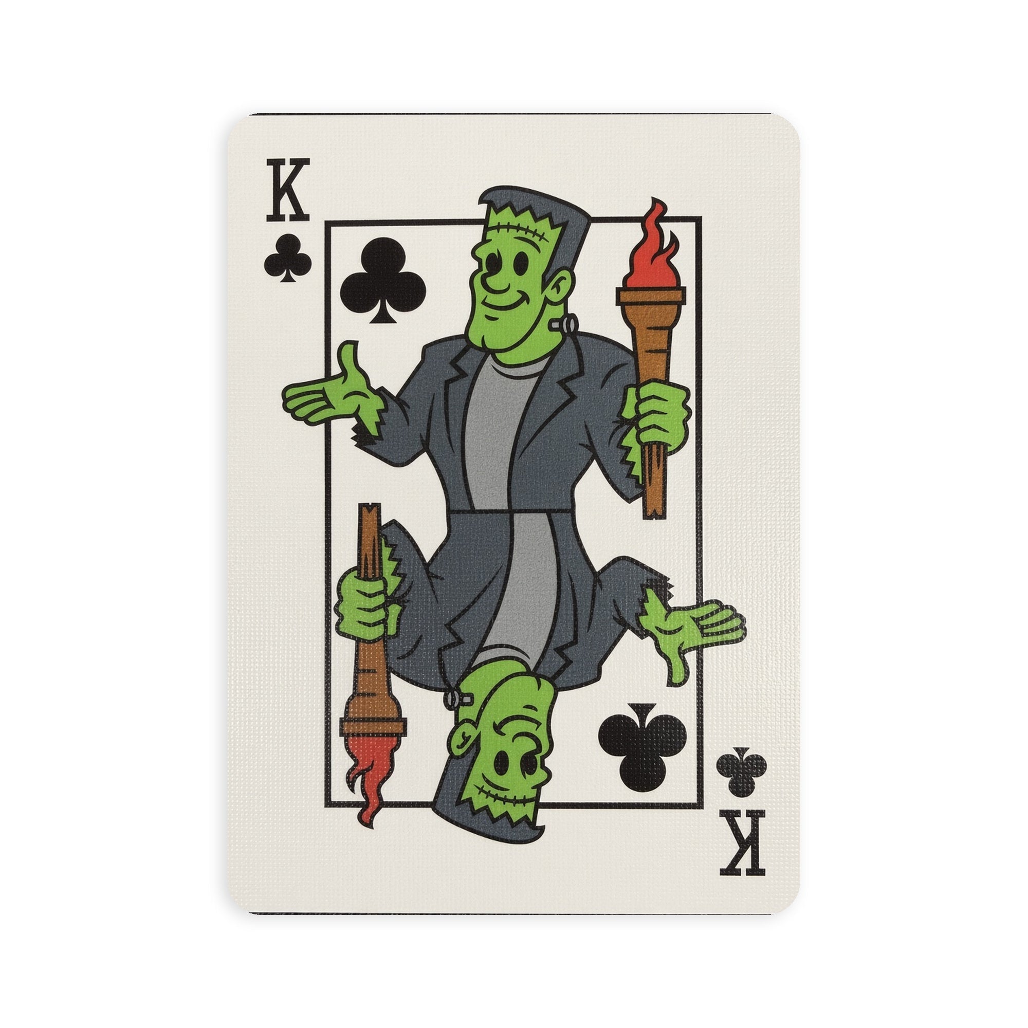 Two-way King of Clubs from Bicycle Classic Halloween illustrated as Frankenstein’s monster holding flaming torches.