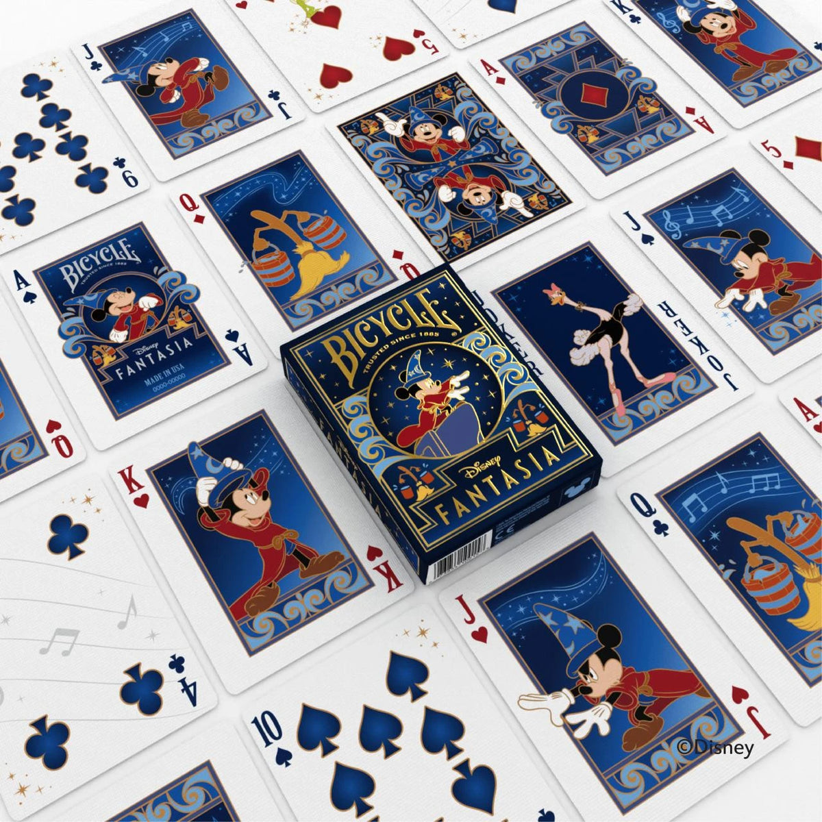 Bicycle Disney Fantasia tuck box among Mickey and broomstick courts, custom Aces, an ostrich Joker, number cards, and a card back
