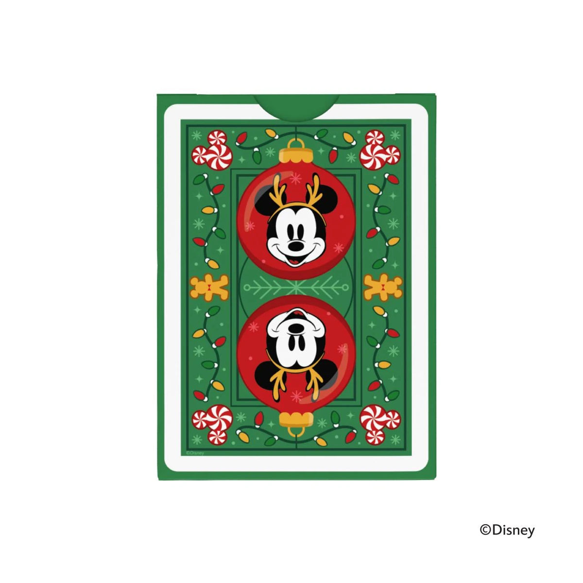 Back of the Bicycle Disney Mickey and Friends Holiday tuck box with mirrored Mickey ornaments, Christmas lights, and peppermint shapes