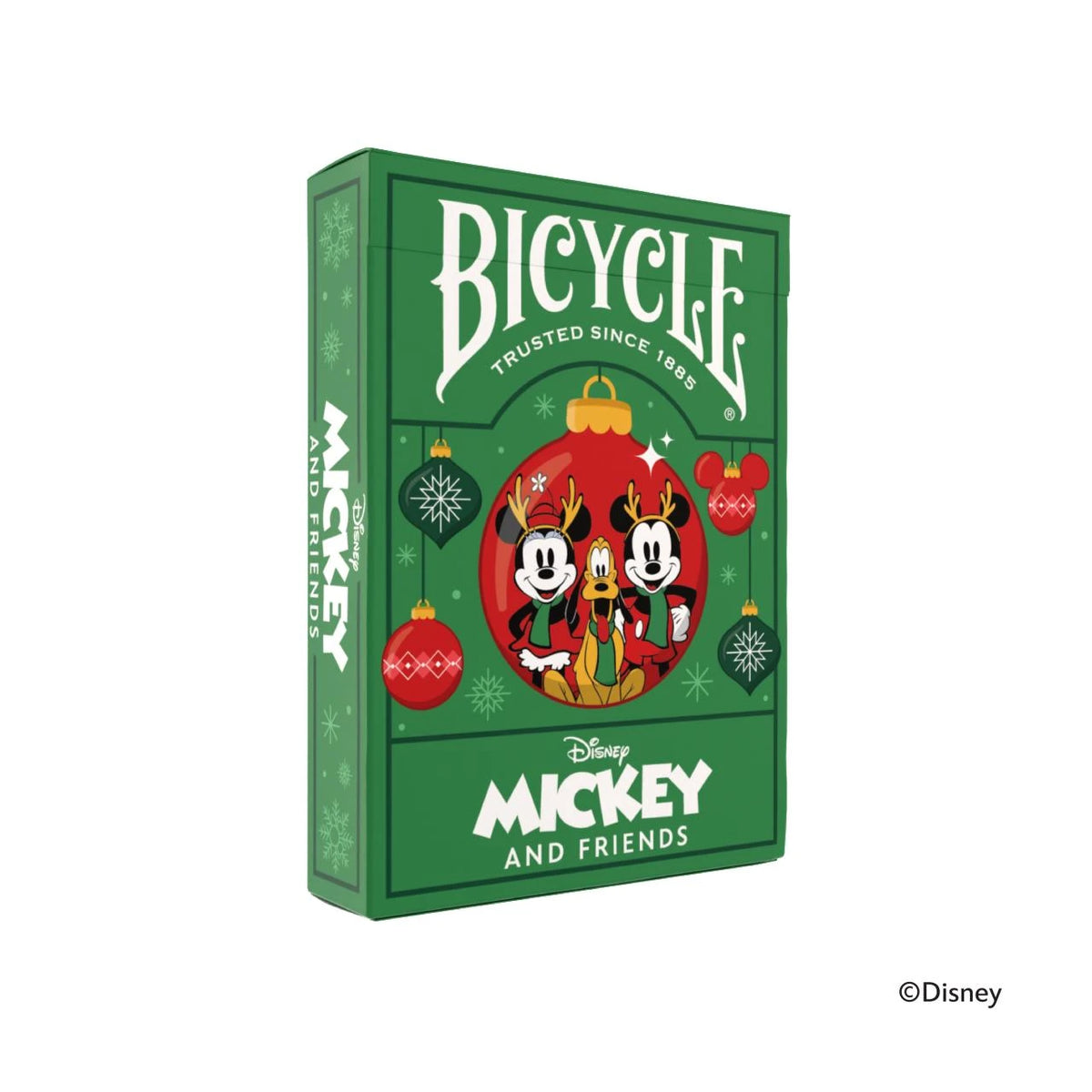 Bicycle Disney Mickey and Friends Holiday green tuck box with Mickey, Minnie, and Pluto inside a red Christmas ornament