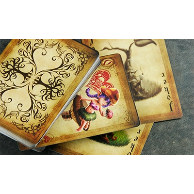 Close view of Bicycle Gnomes custom playing cards with illustrated character card and ornate vintage-style back