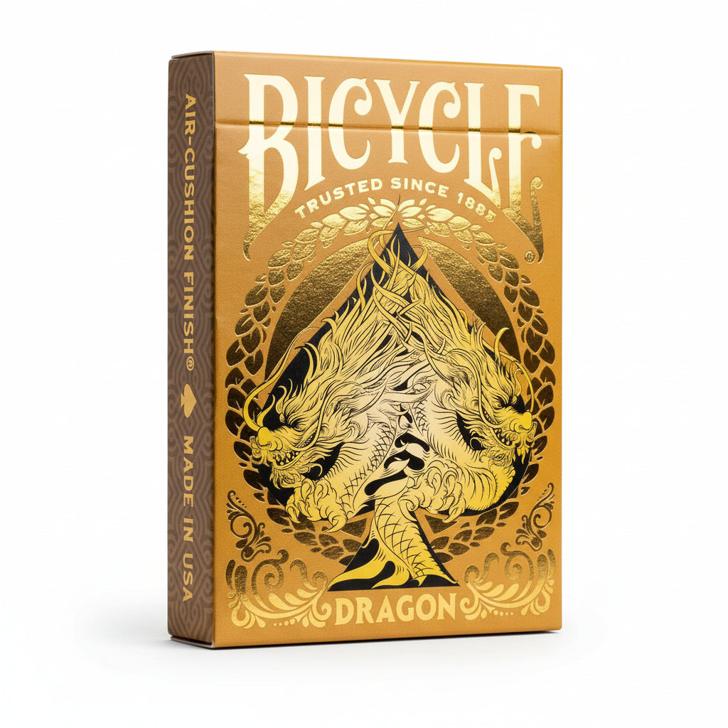 Angled view of Bicycle Gold Dragon gold-foil tuck box with Air-Cushion Finish and Made in USA side panel